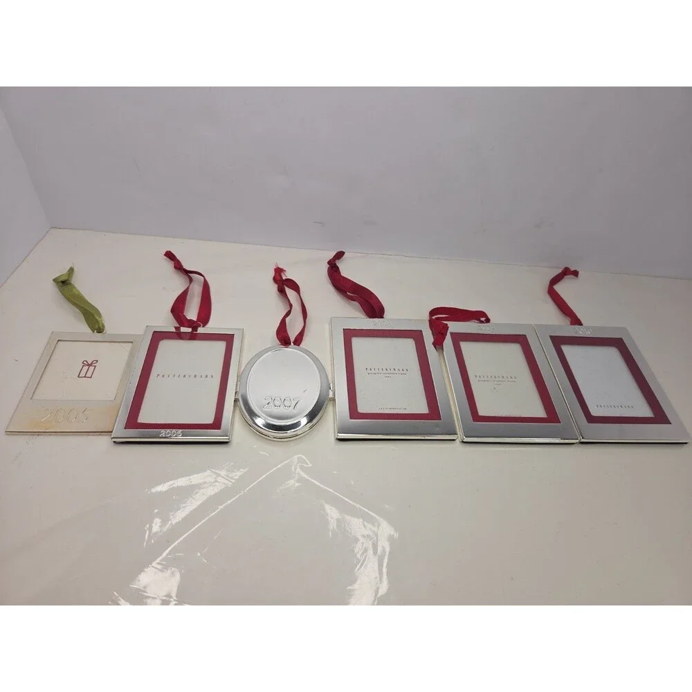 6 Pc Pottery Barn Silver Frame Ornament Lot 2005-2010 Mixed Ribbon Locket NEW